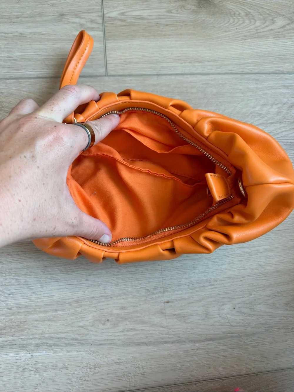 Chic Orange Gathered Shoulder Bag with Wristlet
